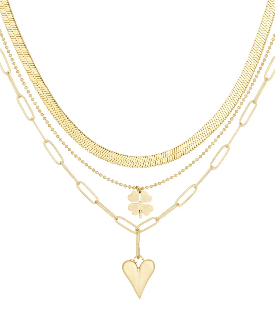 Drielagige Gouden Ketting met Klavertje en Hartje – Stainless Steel