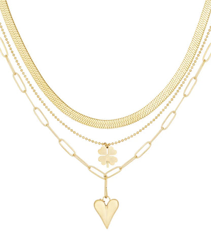 Drielagige Gouden Ketting met Klavertje en Hartje – Stainless Steel