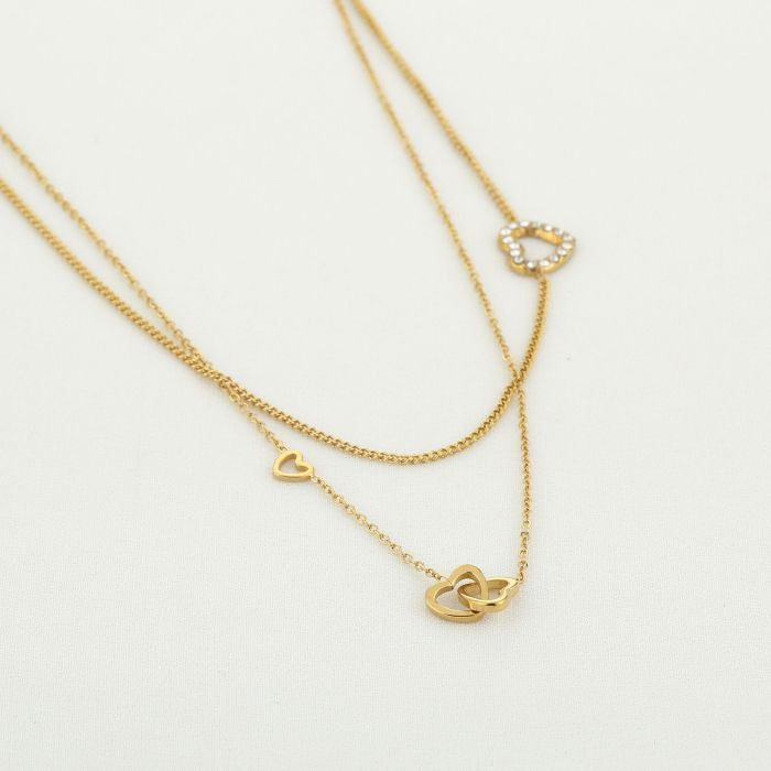 Dubbele Hartjes Ketting met Stras