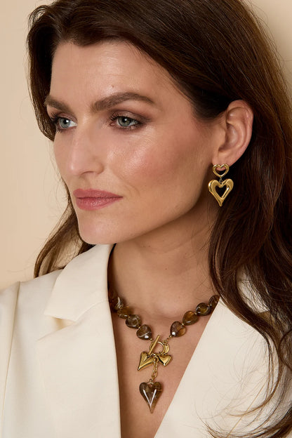 Goudenketting bruine hartjes kralen Nine